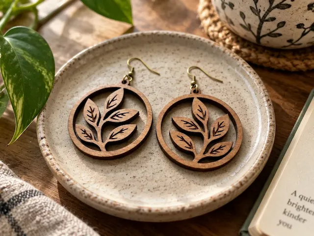 Anting gantung kayu motif daun dalam lingkaran