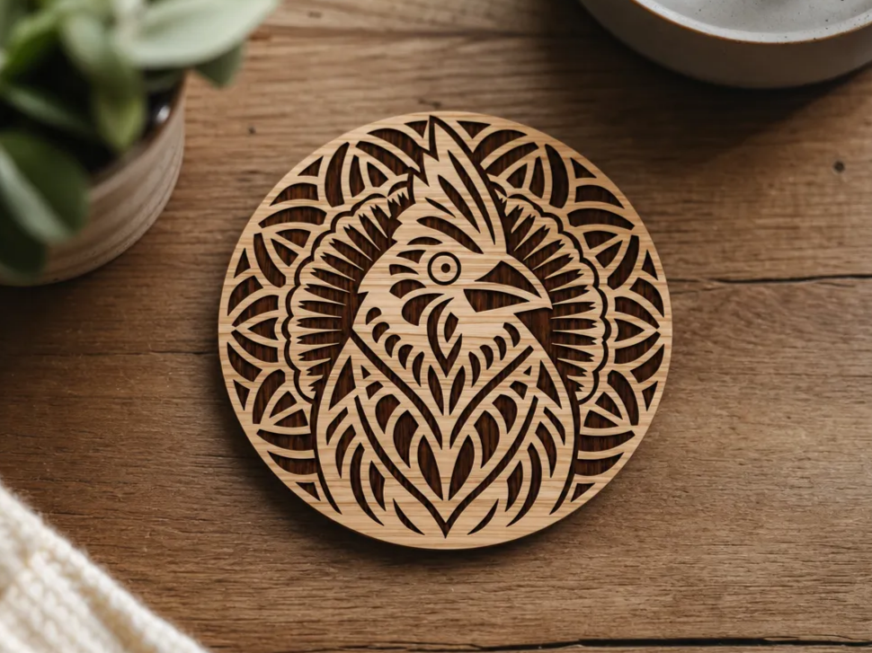 Round Wooden Coaster Featuring an Intricate Mandala Style Bird Motif