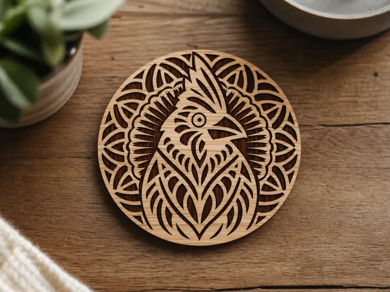 [Laser cut and engrave] Round Wooden Coaster Featuring an Intricate Mandala Style Bird Motif