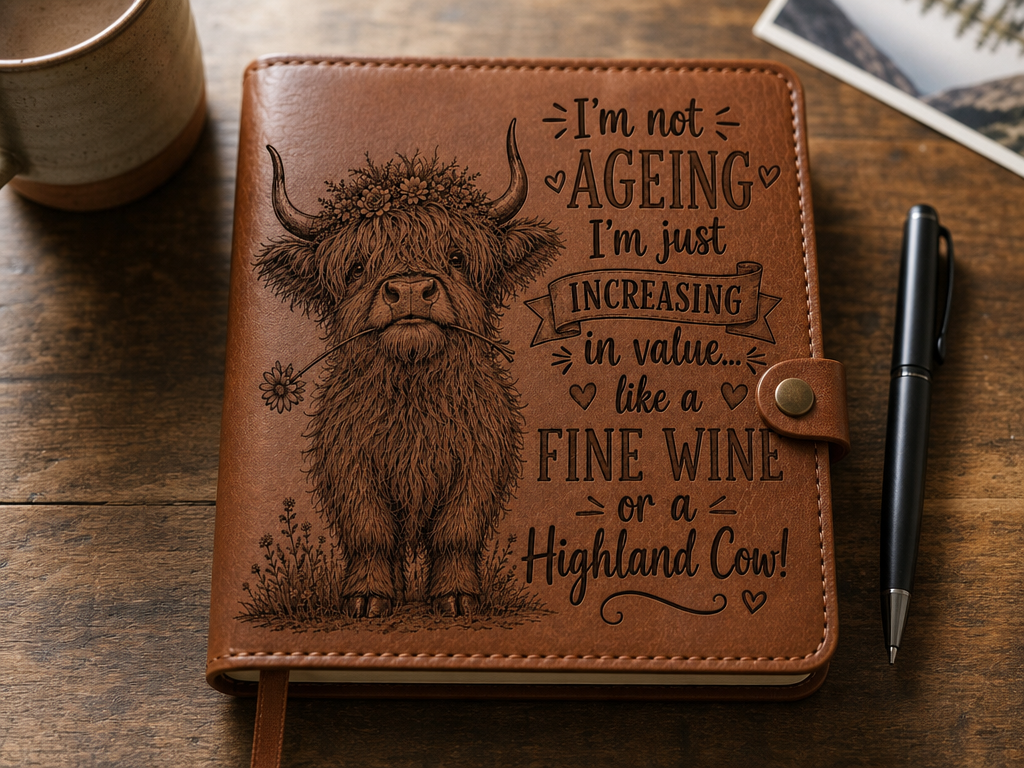 Highland Cow Leather Journal with Funny Birthday Quote