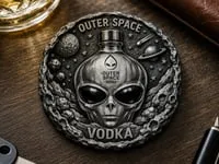 [Laser cut and engrave] Outer Space Vodka Alien Head Embossed Metal Coaster