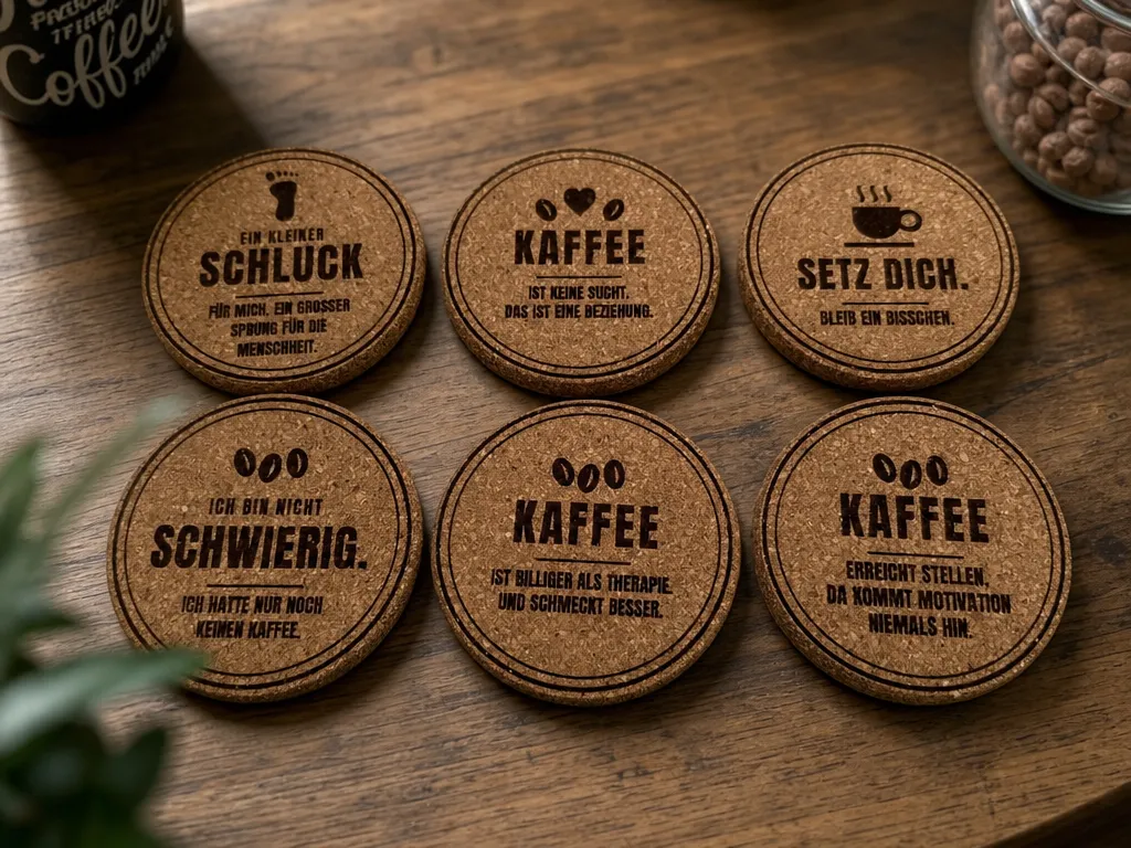 6 Kork-Untersetzer mit Kaffee-Sprüchen — und was Kork beim Gravieren wirklich noch hergibt
