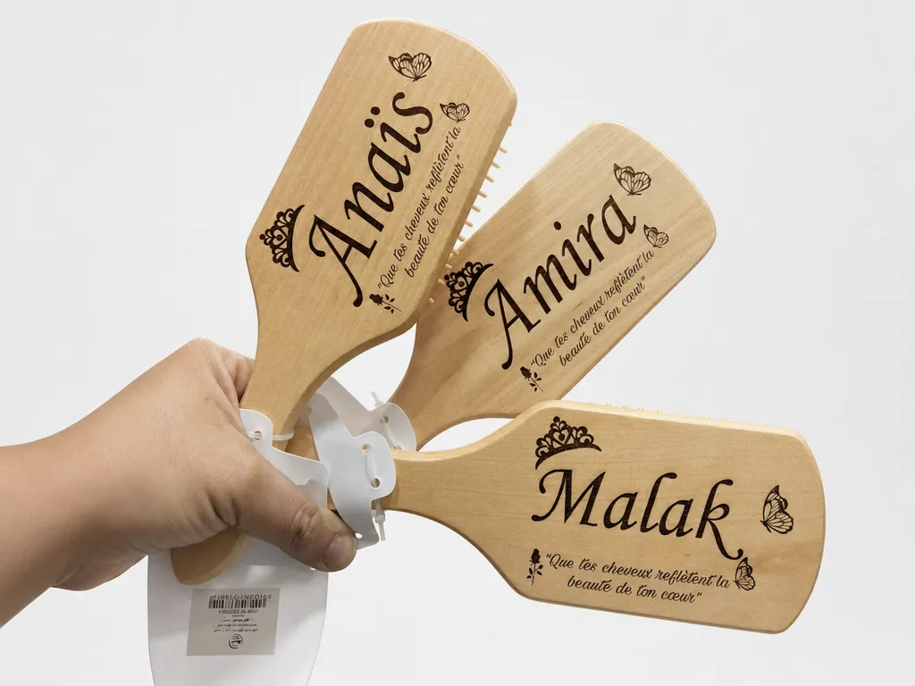 Brosses à cheveux en bois personnalisées avec prénoms et motifs papillon