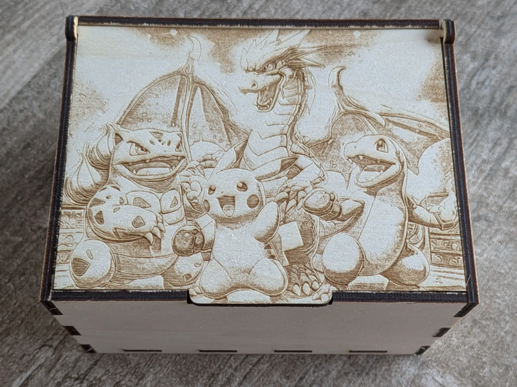 Wooden storage box featuring Pikachu, Charizard, Bulbasaur, and Charmander