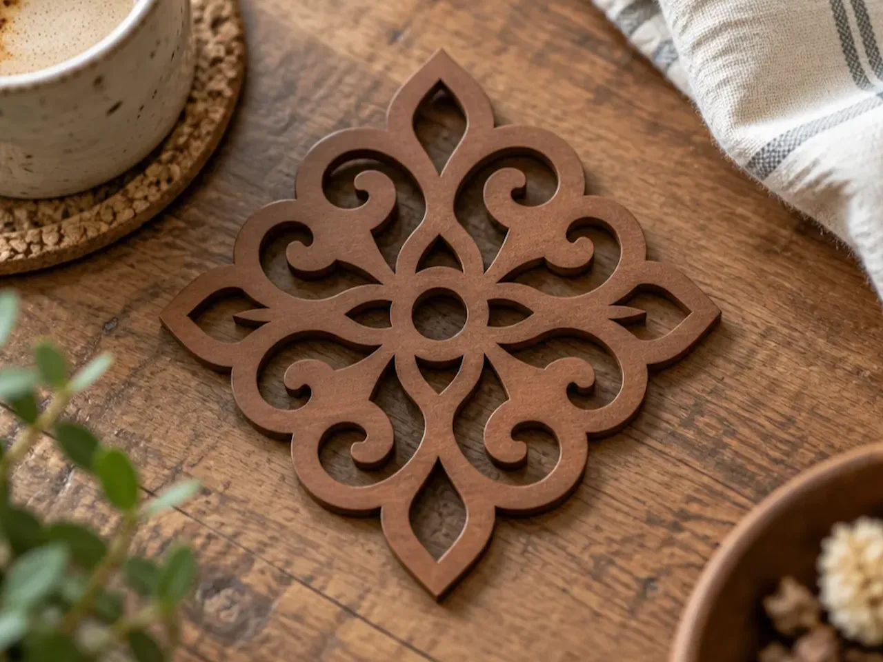 [Laser cut and engrave] Ornate Floral Pattern Wooden Drink Coaster