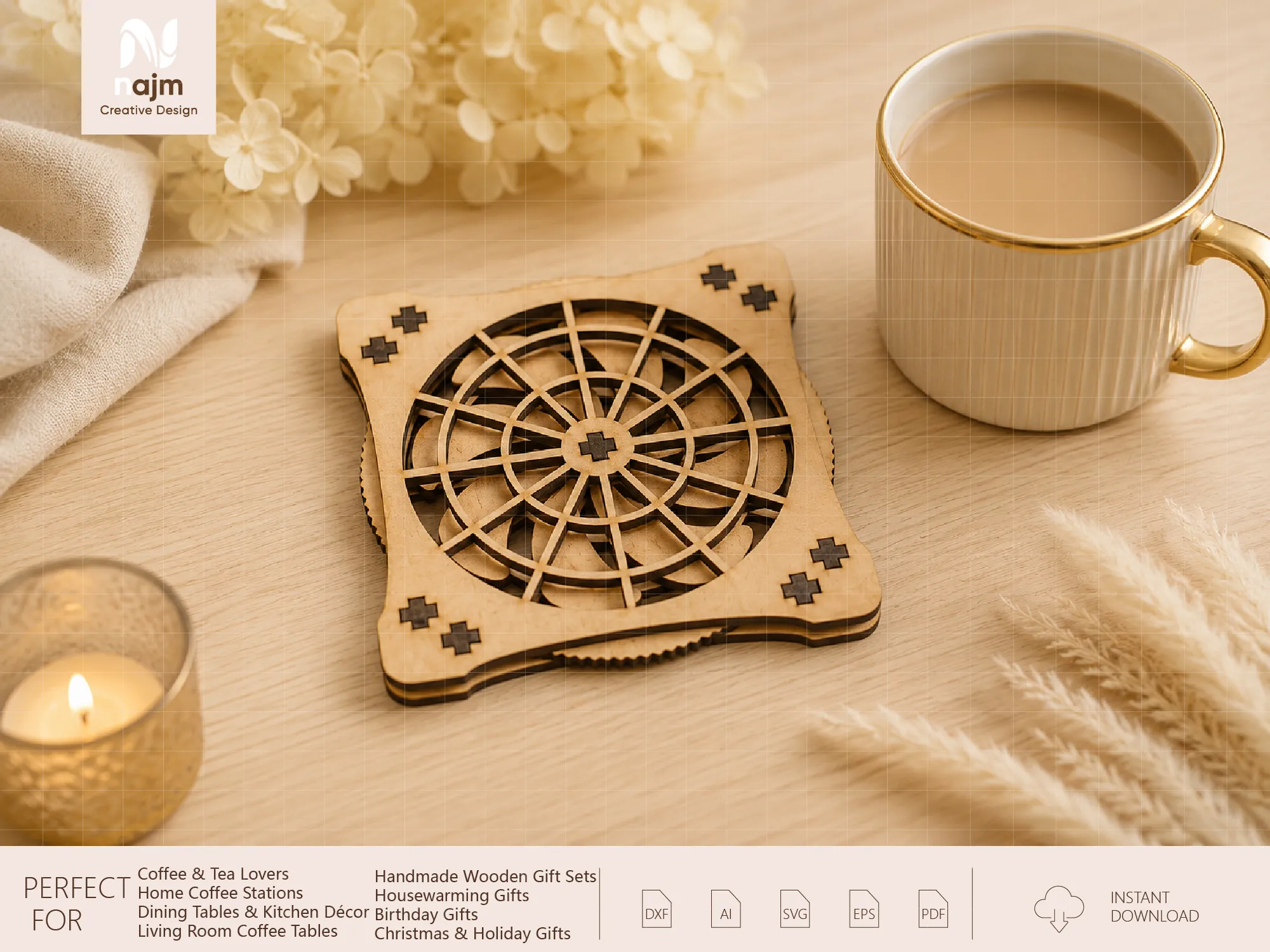 Geometric Mandala Style Wooden Drink Coaster