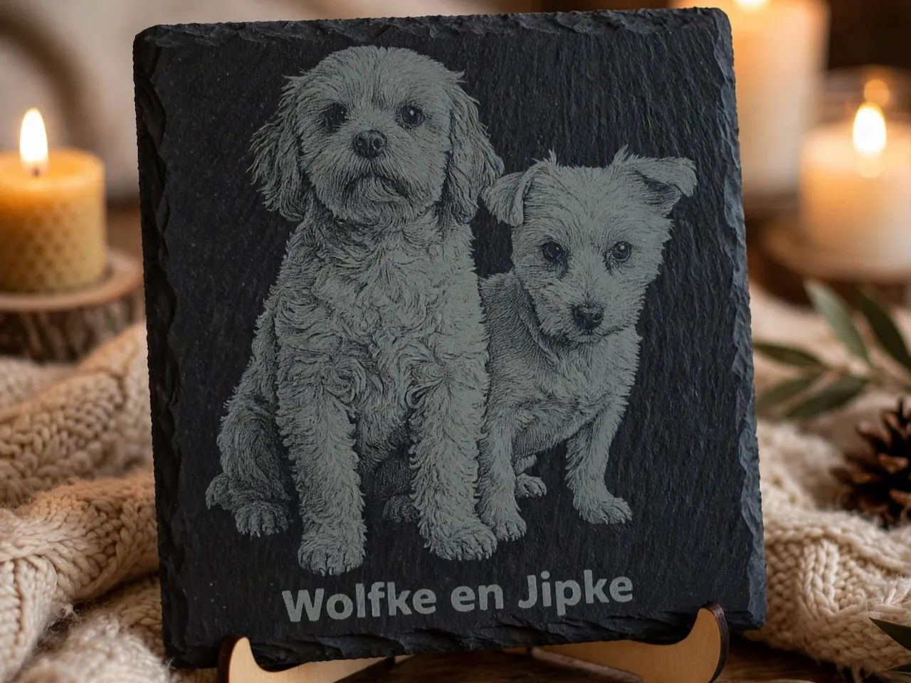 [Laser cut and engrave] Slate Plaque Featuring Portrait of Two Dogs Named Wolfke and Jipke