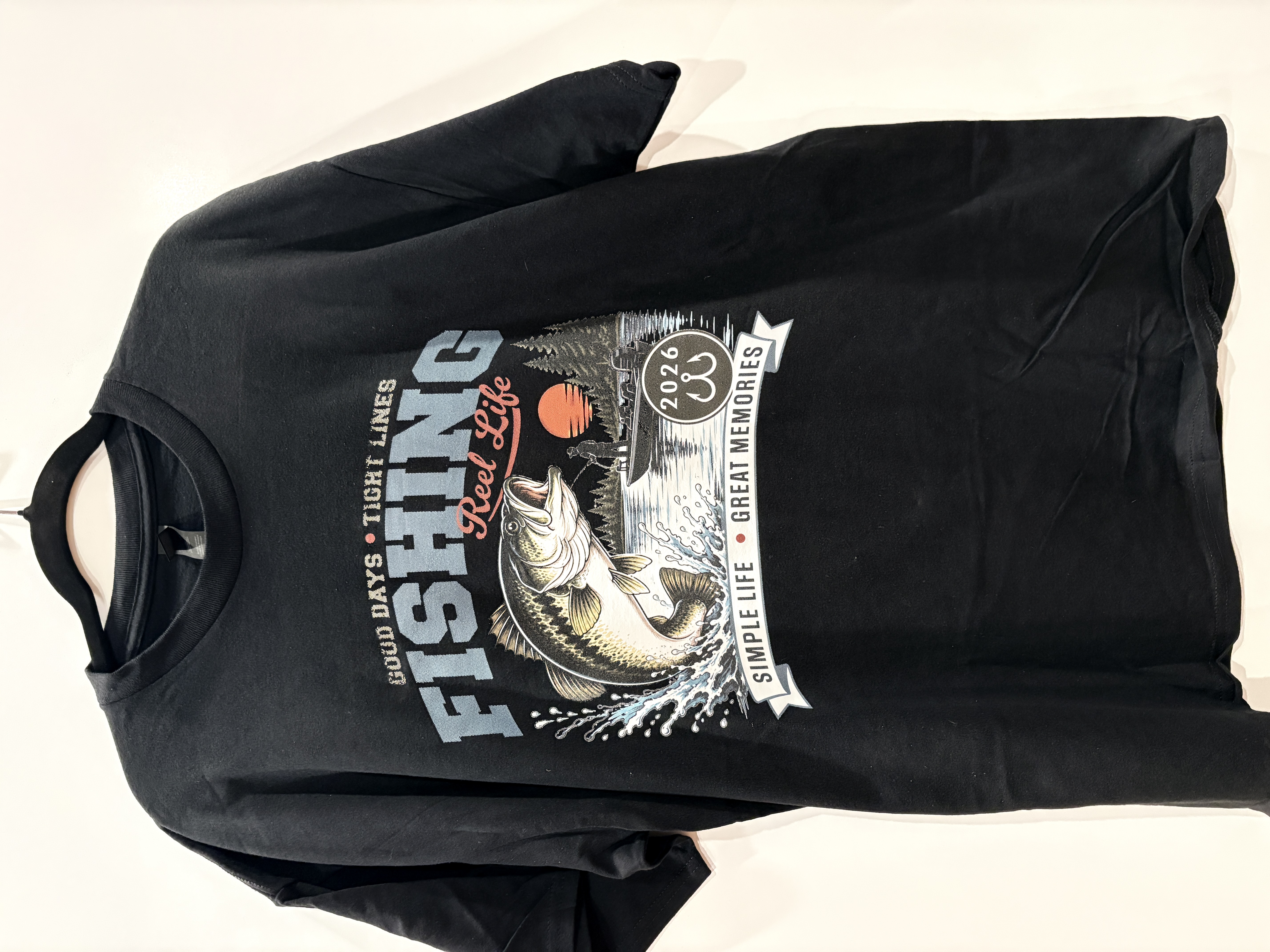 [DTF Printing] Fishing Reel Life Graphic T-Shirt with Bass and Lake Scene