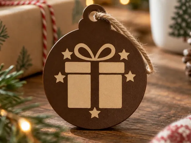 Round Christmas Ornament Featuring a Gift Box and Star Motif
