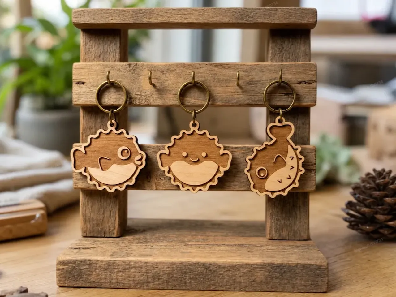 [Laser cut and engrave] Pufferfish Character Wooden Keychains