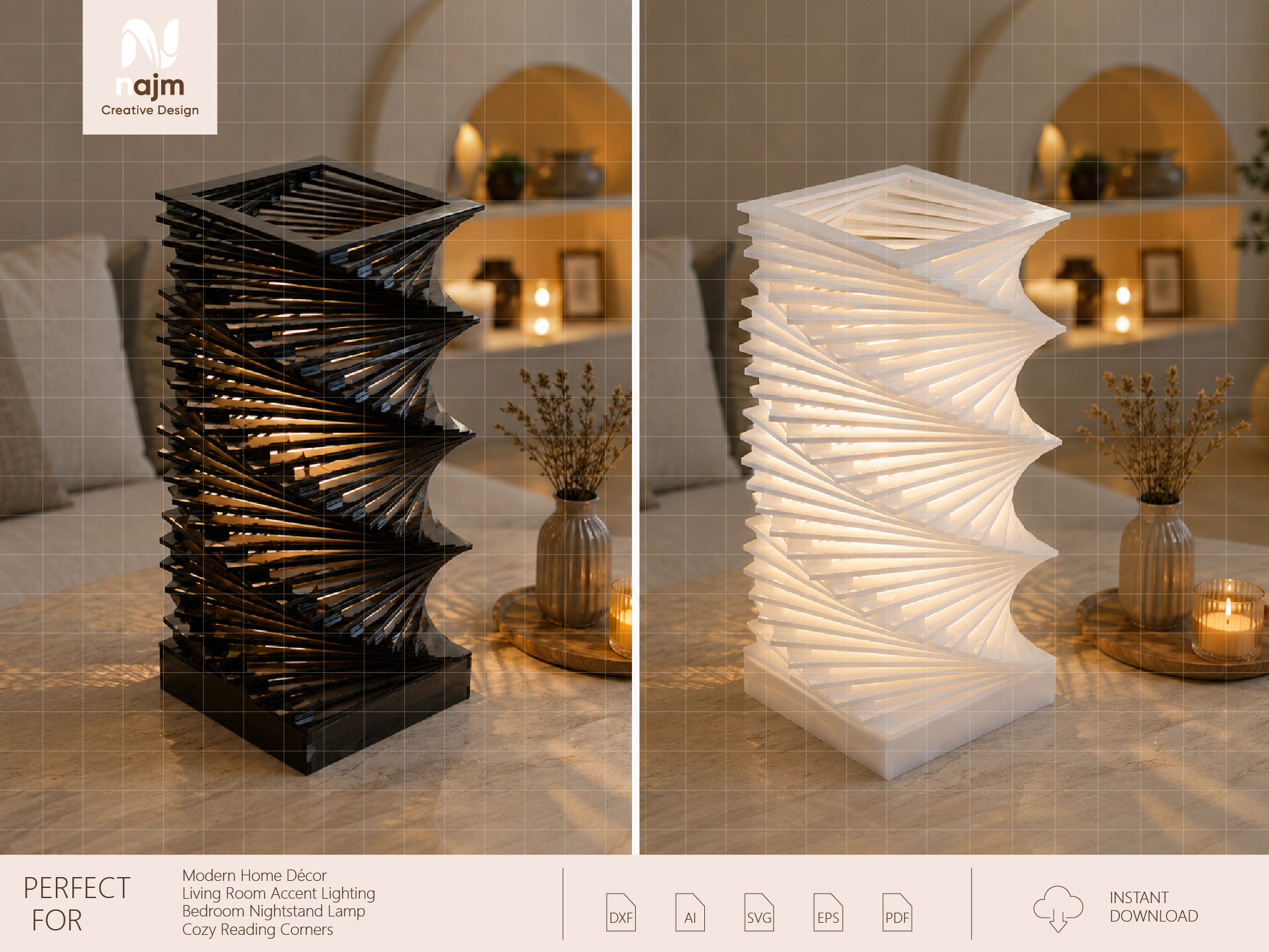 [Laser cut and engrave] Modern Geometric Spiral Table Lamp with Warm Ambient Lighting