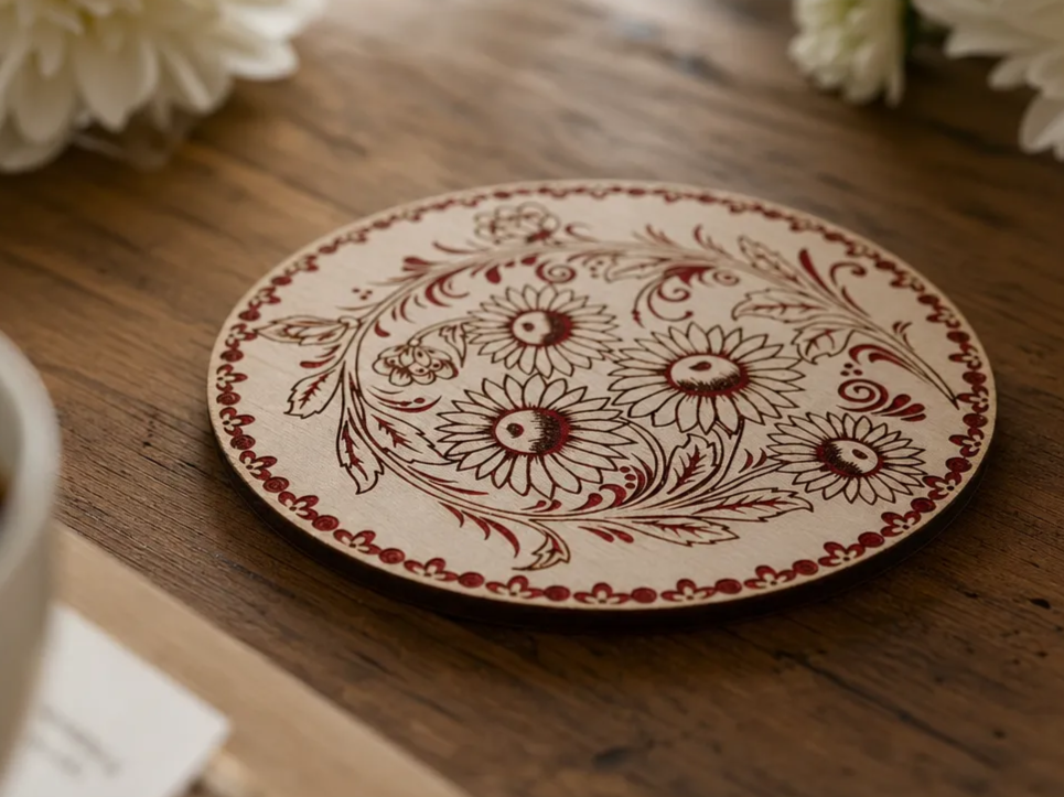Round Wooden Coaster with Floral Daisy Pattern