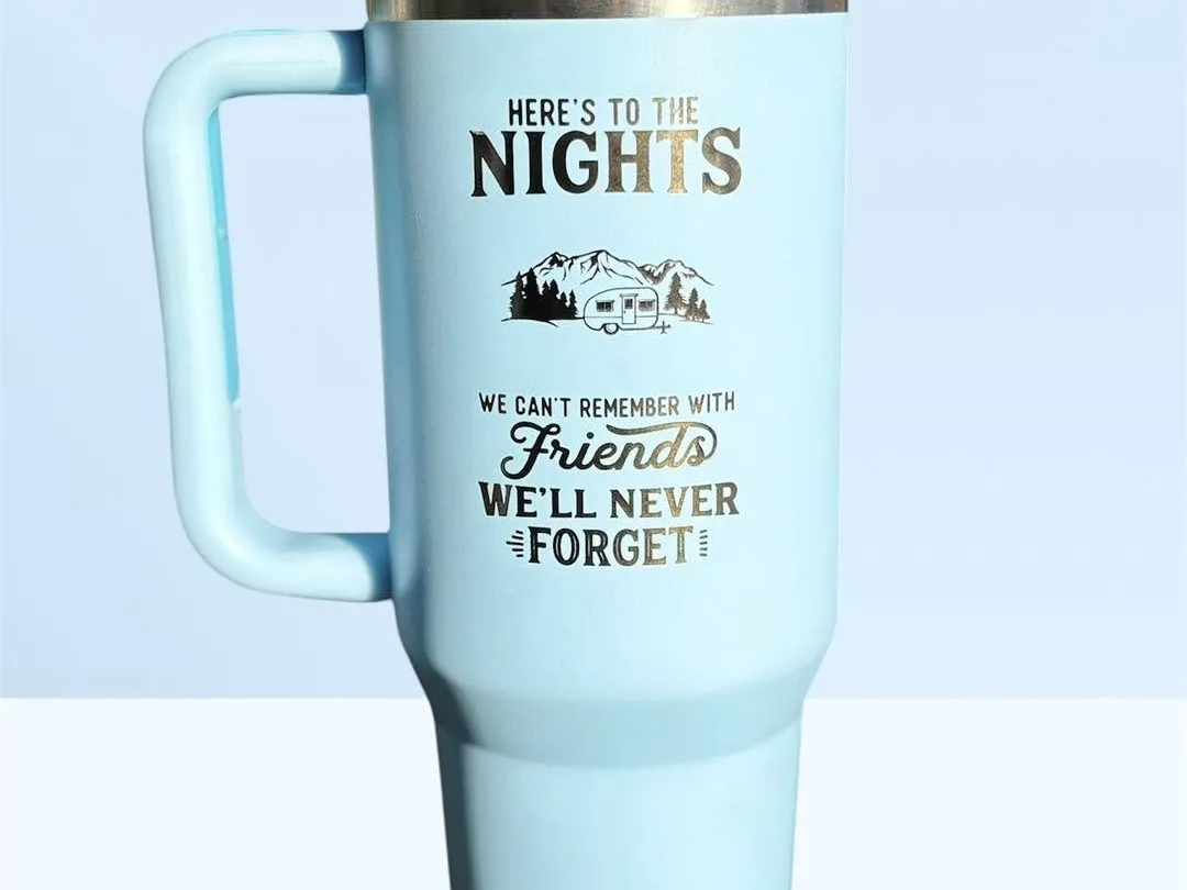 Light Blue Insulated Travel Tumbler with Camping Quote