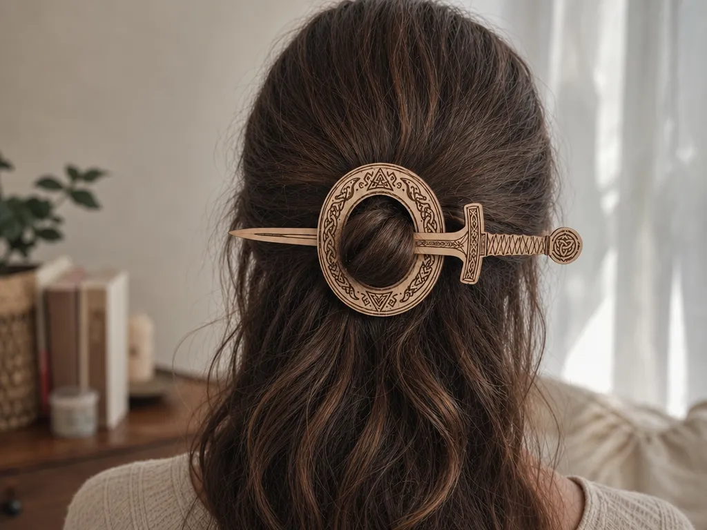 Barrette à cheveux ronde avec motif celtique et pendentif viking avec pique en forme d'épée – Élégance nordique en bois gravé