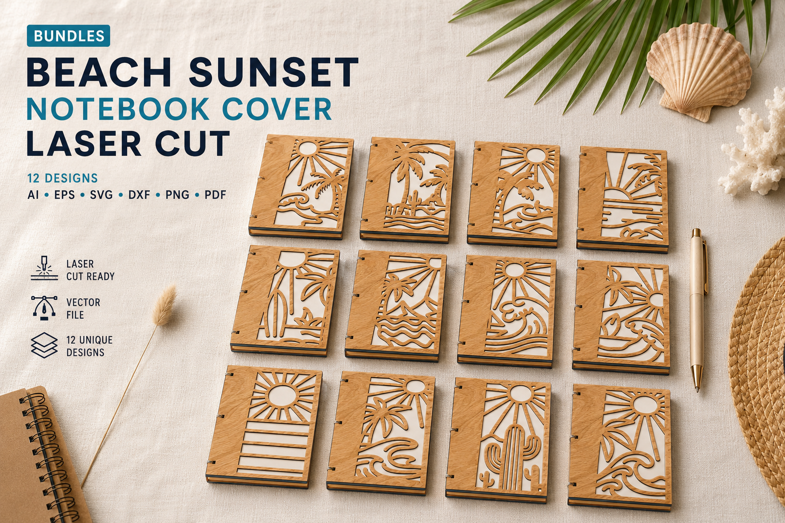 [Laser cut and engrave] Wooden Notebooks with Tropical Beach and Desert Sunset Cutout Covers