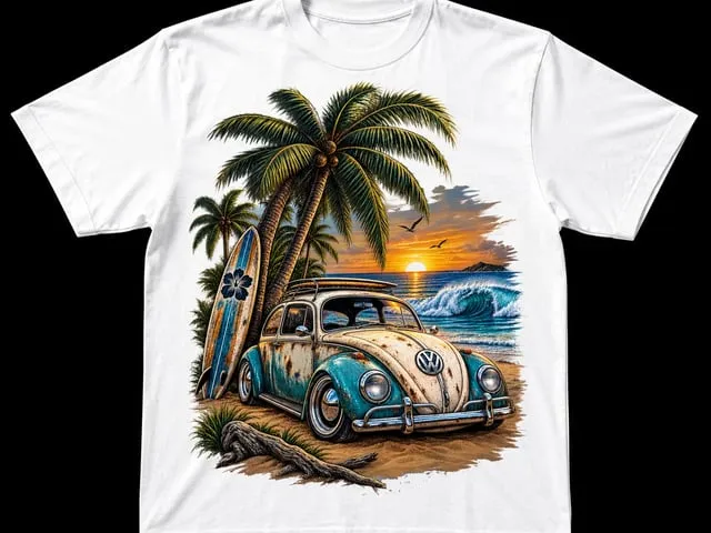 Vintage VW Beetle Surf Shirt DTF, Classic Bug Beach T-Shirt, Palm Tree Surfboard Ocean Wave Tee, Retro Volkswagen Inspired Coastal Shirt