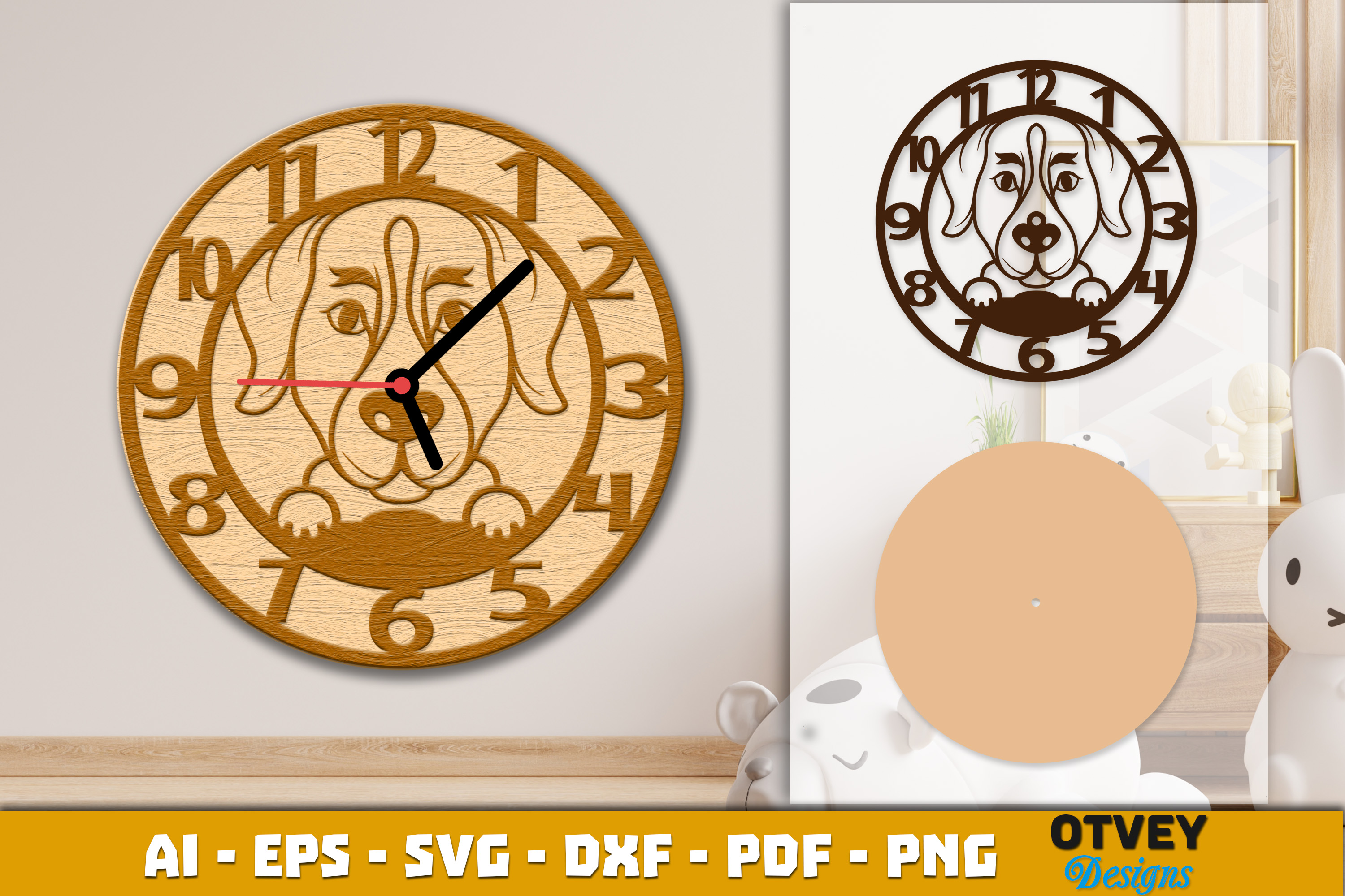 [Laser cut and engrave] Wooden Dog Wall Clock Lasercut 12 Designs