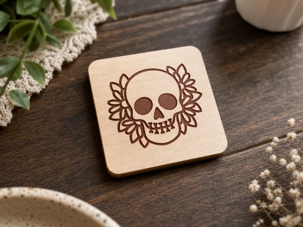 Square Wooden Coaster Featuring a Floral Skull Motif
