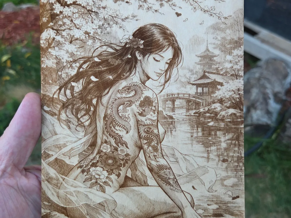 Wood Wall Art Featuring a Tattooed Woman in a Japanese Garden Setting