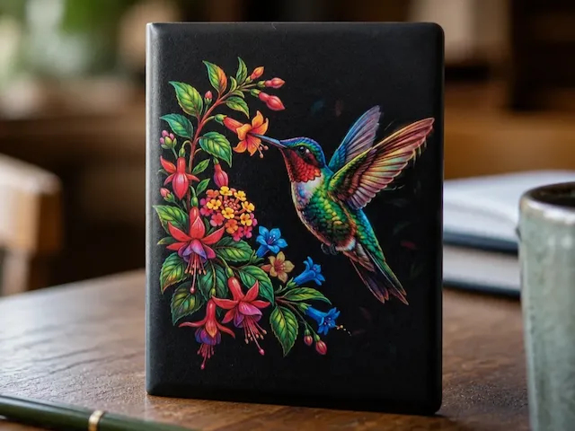 Magnet avec illustration colorée de colibri et fleurs tropicales