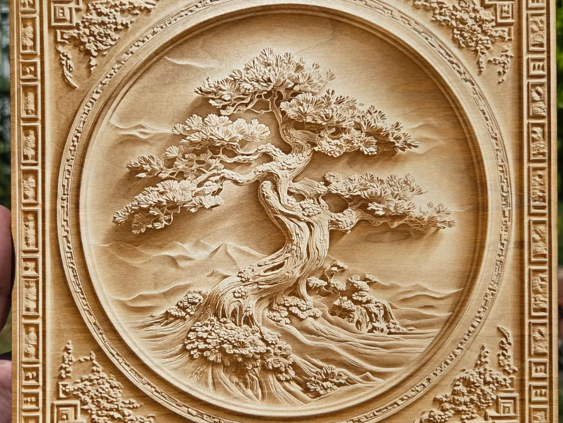 Bonsai Tree Relief Wall Plaque with Ornate Border