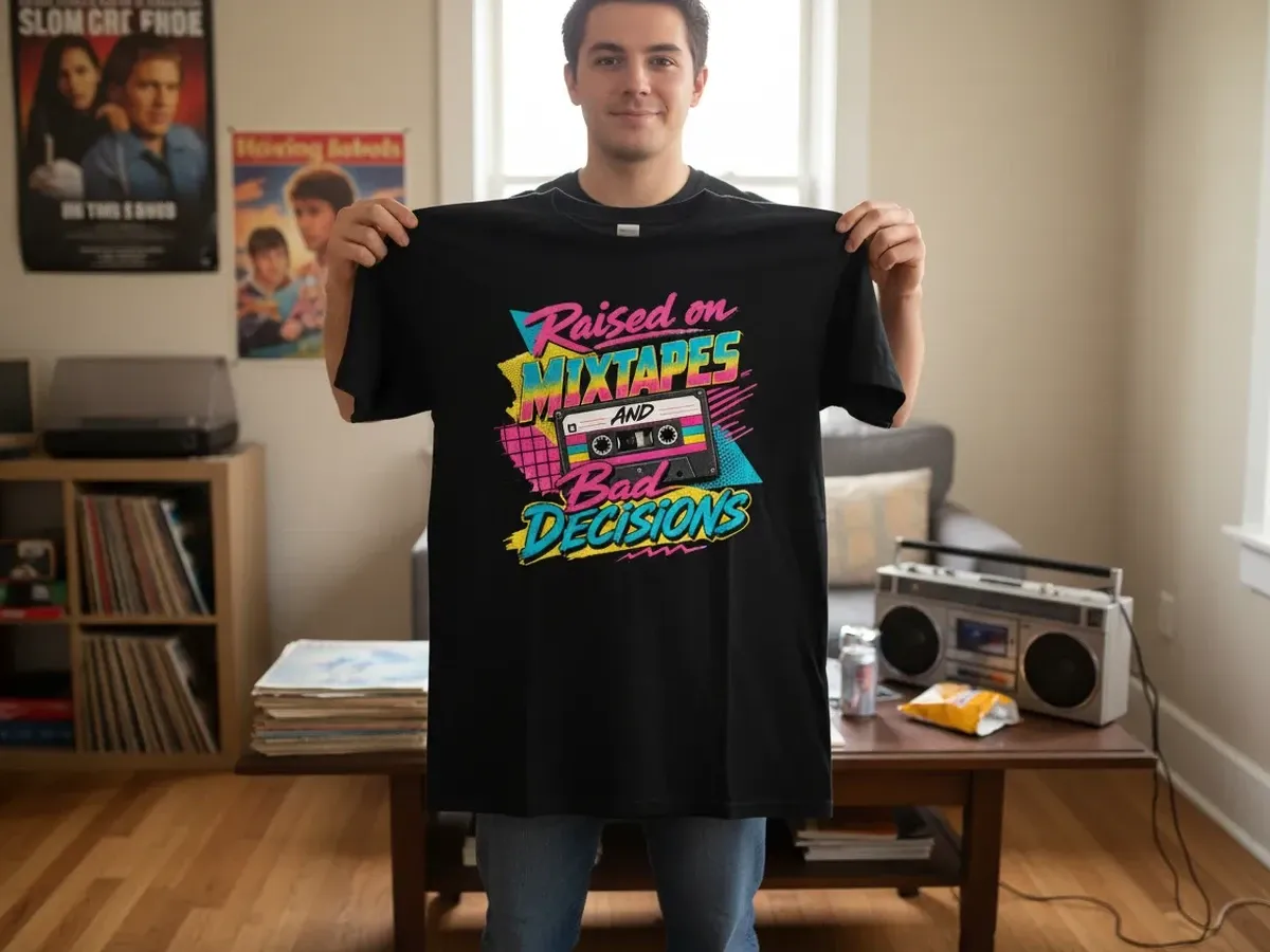 Raised on Mixtapes and Bad Decisions Retro 80s Style Graphic T