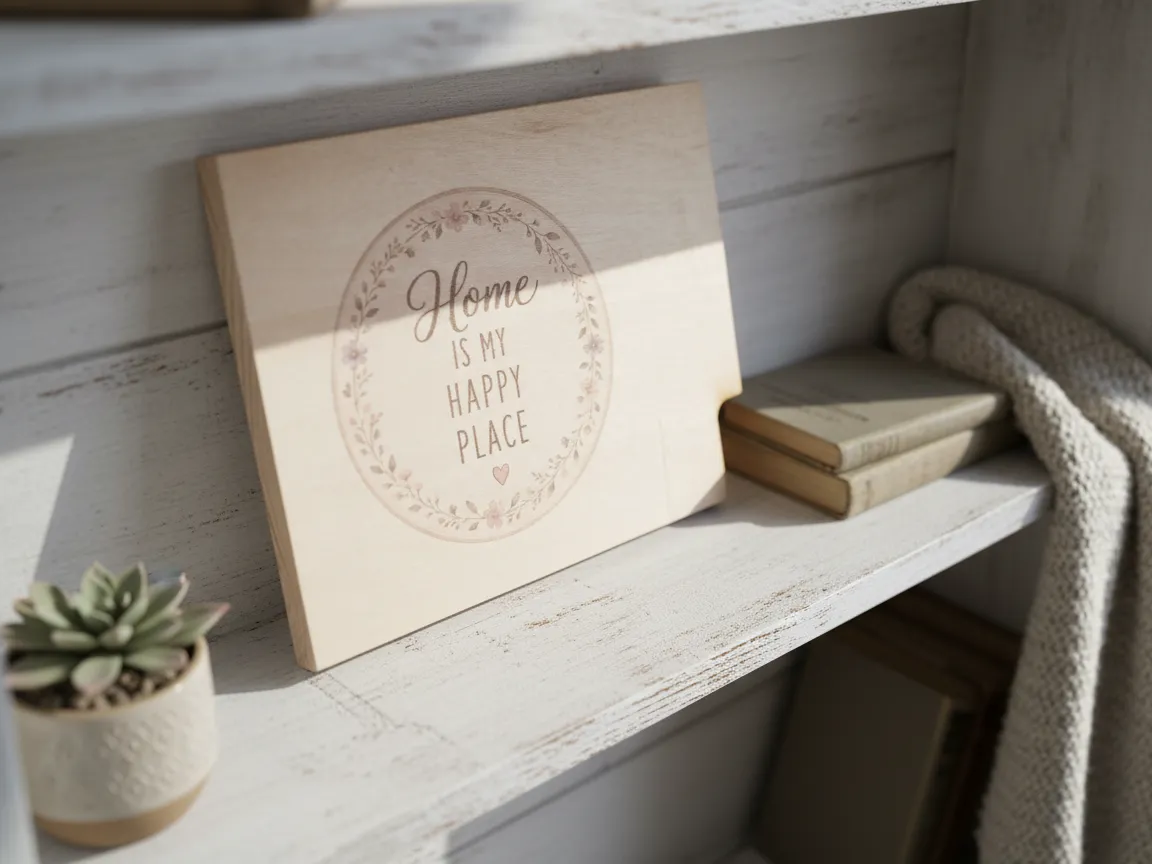 Holzschild mit Blumenkranz und Spruch Home Is My Happy Place