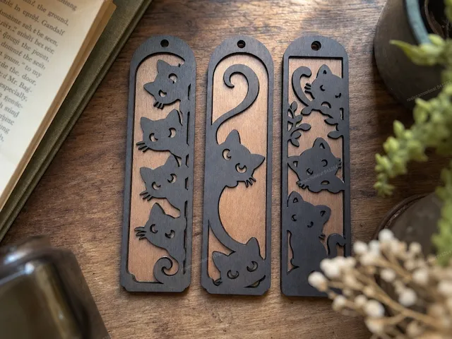 Set of Three Cat Themed Wooden Bookmarks
