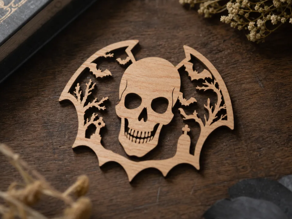 Halloween Skull Bat Laser Cut SVG DXF PDF, Spooky Graveyard Skull Wall Art Cut File 3x2 inch, Halloween Wood Decoration Digital Download