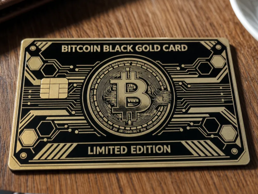 fausse carte bancaire noire et or Bitcoin en édition limitée , sur carte de visite metal noir