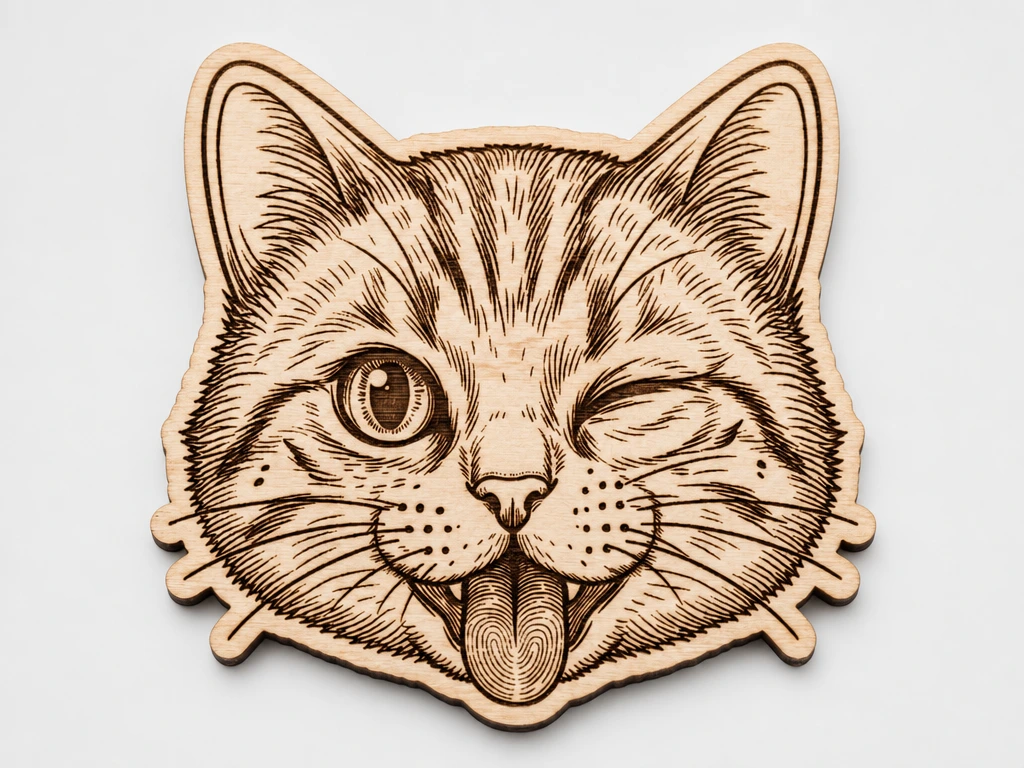 Winking Cat Face Wooden Wall Art with Tongue Out - funny