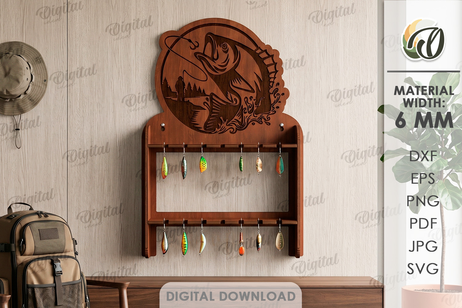 [Laser cut and engrave] 3D Fishing Rod Racks bundle. Fishing lure display laser cut files. Fisherman gift svg. Lake house wall decor. Hanging fishing pole organizer