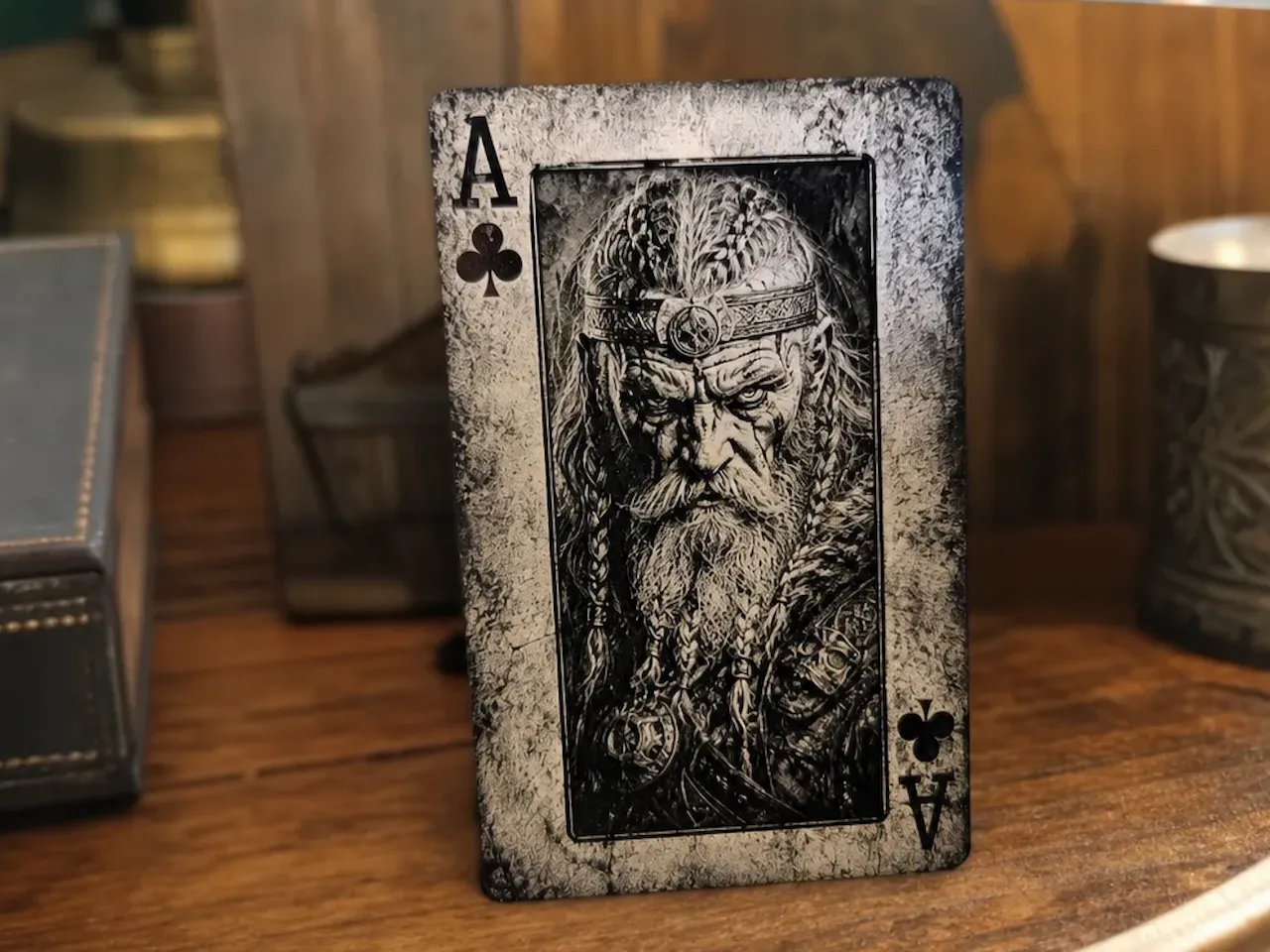 [Laser cut and engrave] Spielkarte mit Wikinger Motiv und Kreuz Ass