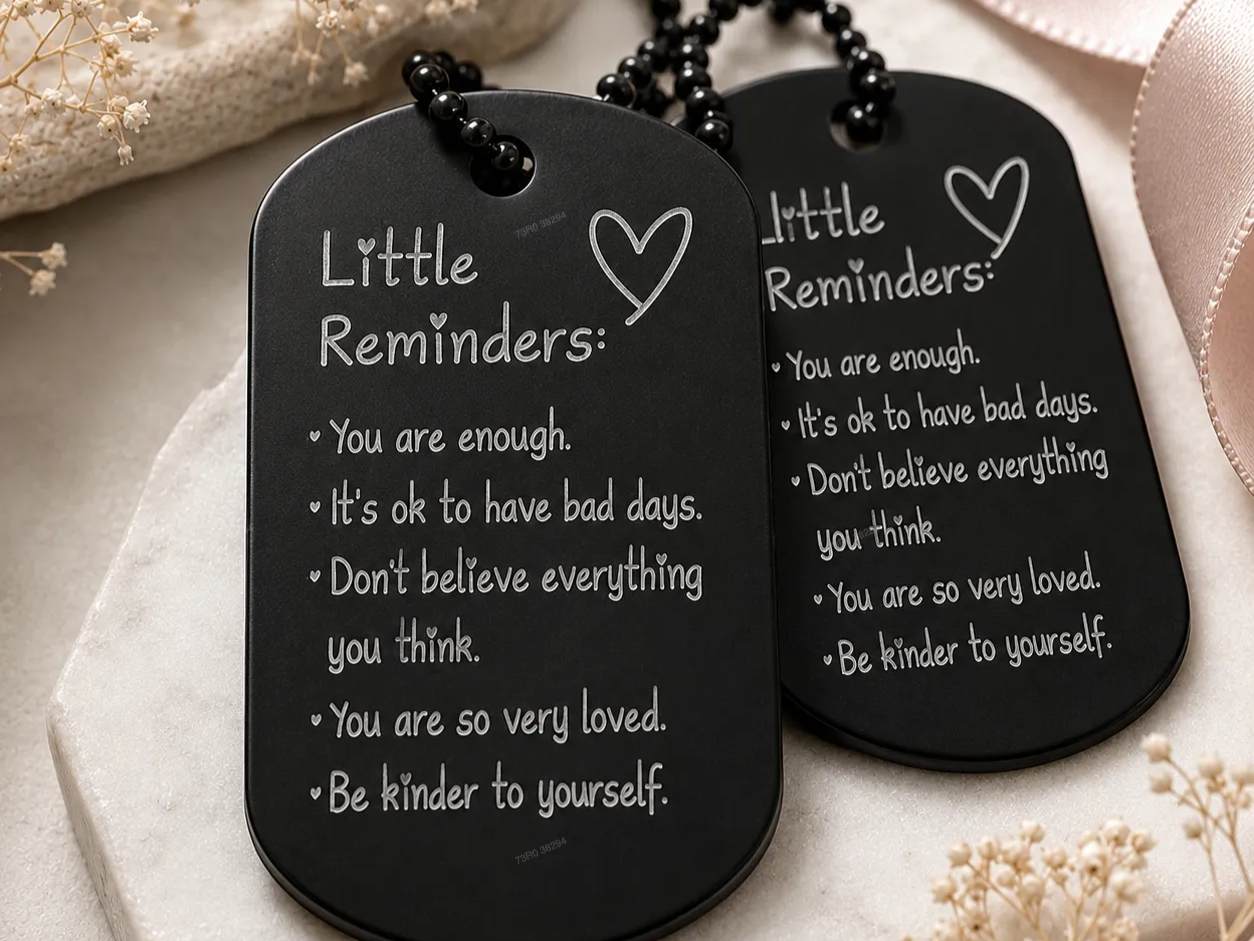 Black Metal Dog Tag Necklace with “Little Reminders” Affirmation Engraving