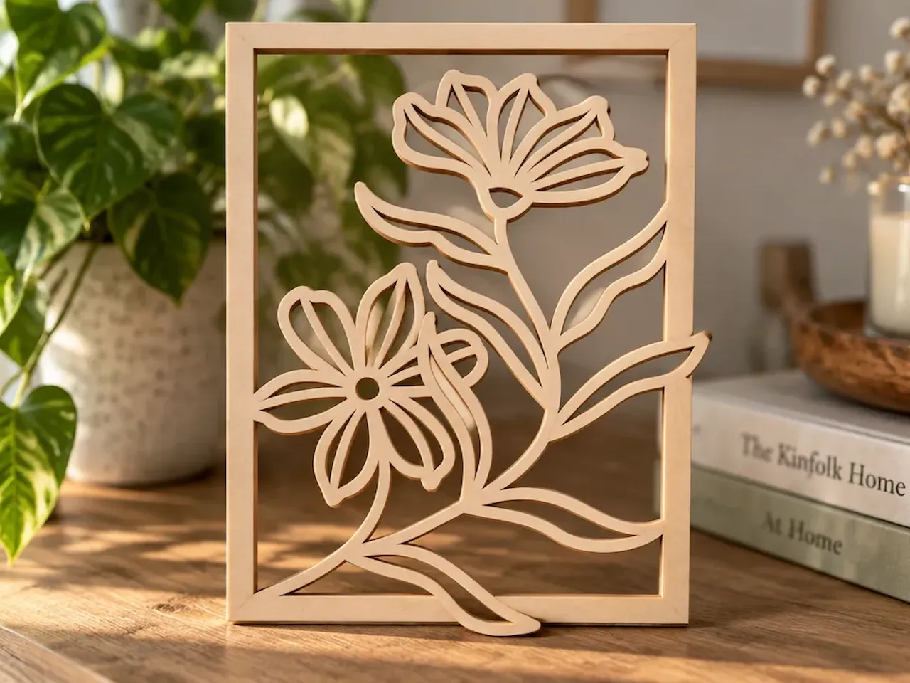 [Laser cut and engrave] Framed Floral Wall Art with Minimalist Flower Silhouette