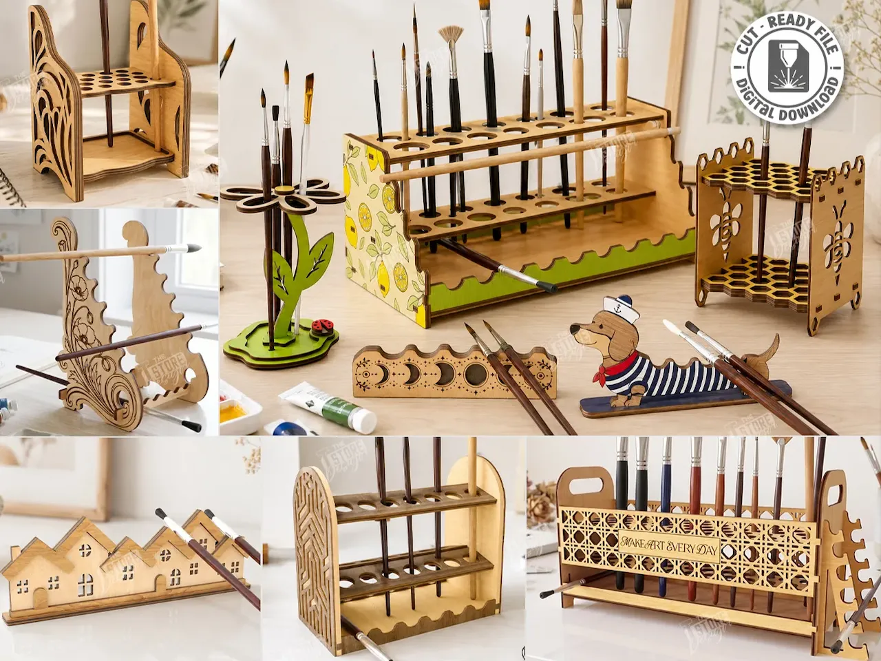 [Laser cut and engrave] Wooden Paintbrush Organizer and Storage Stand Collection Laser Cut Bundle. Paintbrush Holder. Desk Organizer