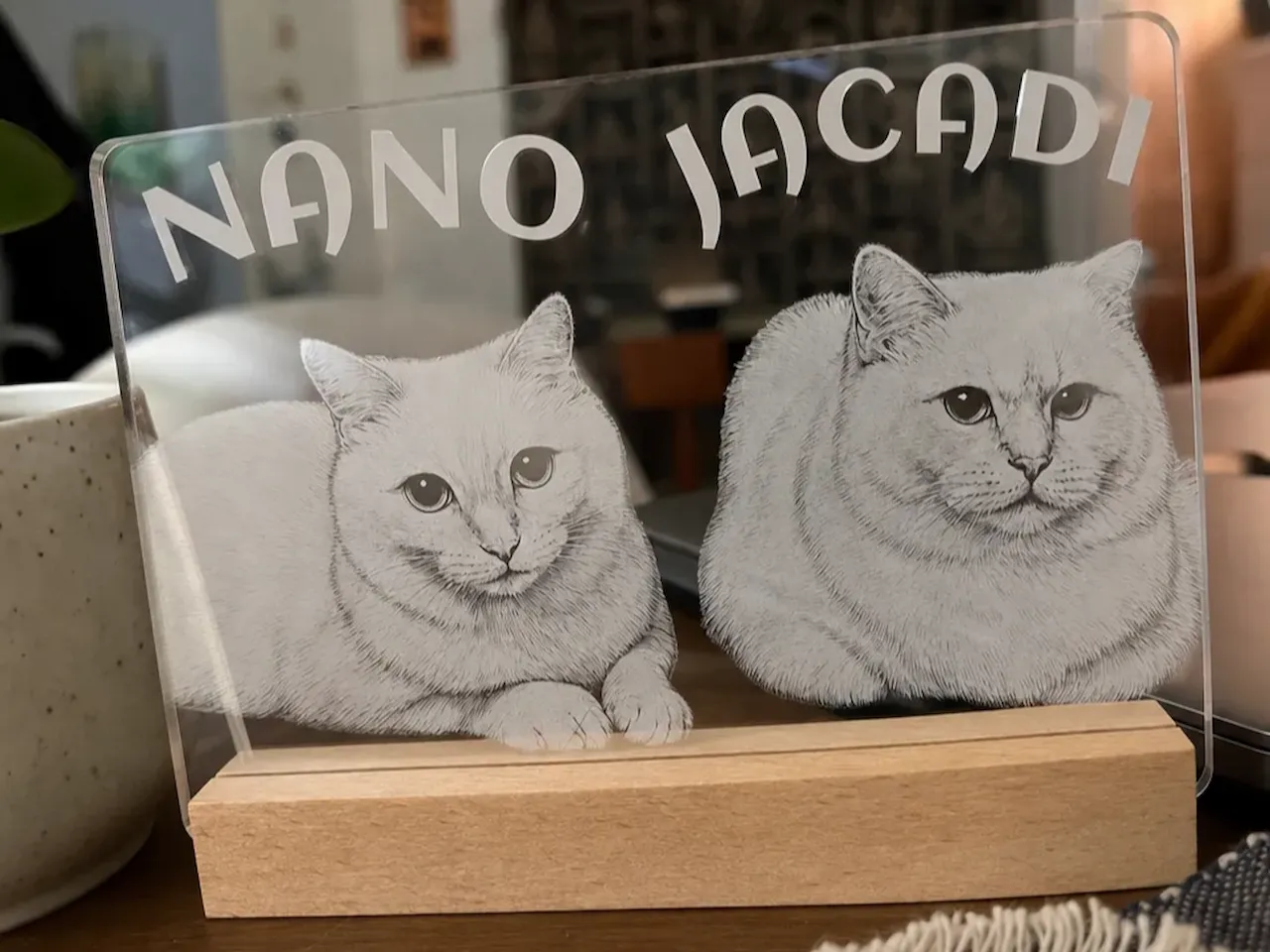 [Laser cut and engrave,Pen drawing] Plaque en acrylique personnalisée avec portraits de chats Nano et Jacadi