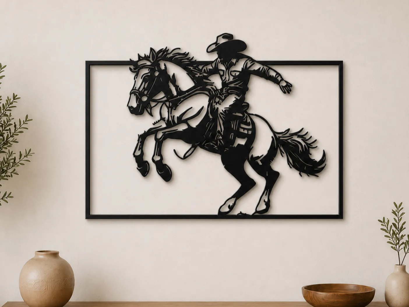 Rodeo Cowboy Wall Art SVG | Bucking Horse Western Decor | Cowboy Rider Laser Cut Silhouette Digital Download
