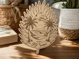 [Laser cut and engrave] Tropical Beach Scene Leaf Shaped Wooden Tabletop Sign