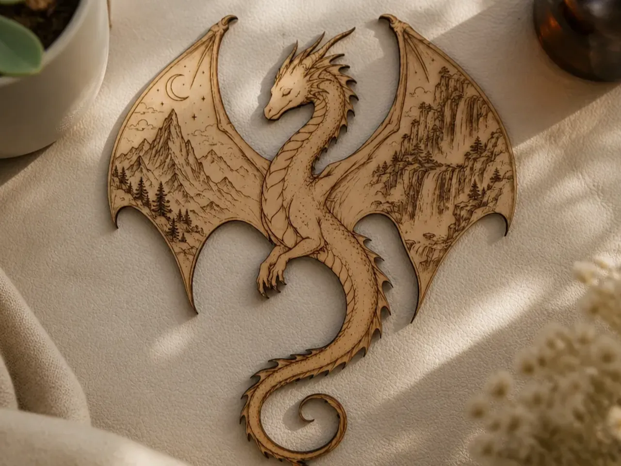 [Laser cut and engrave] Décoration murale en bois en forme de dragon avec paysage de montagne