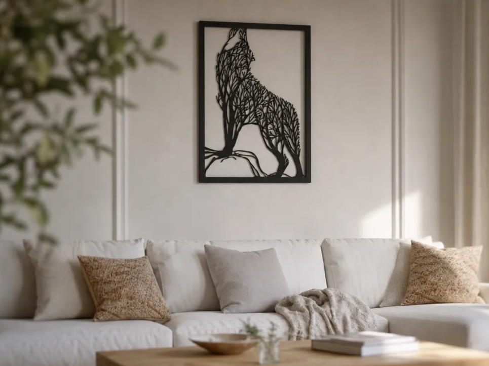 Howling Wolf Silhouette Wall Art with Tree Branch Motif