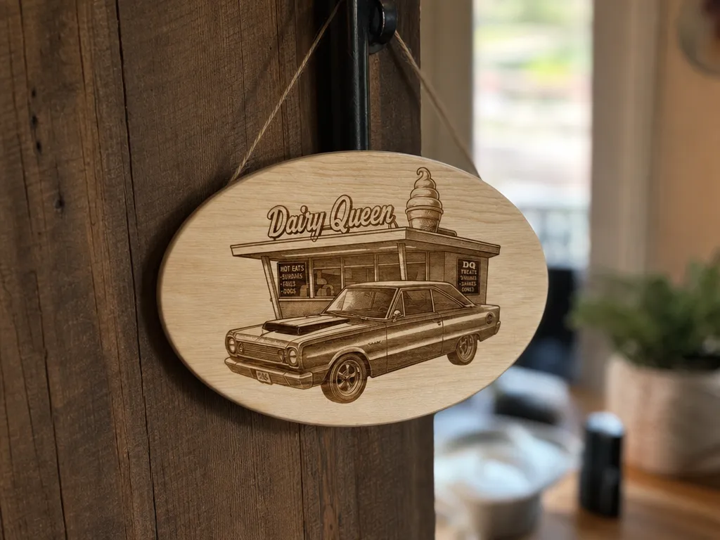 Vintage car photo halftone reproduction engraving on round wooden wall hanging sign