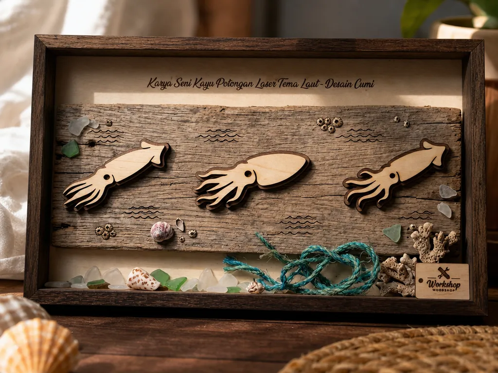 Nautical Wall Art Featuring Three Wooden Squid Figures on Driftwood