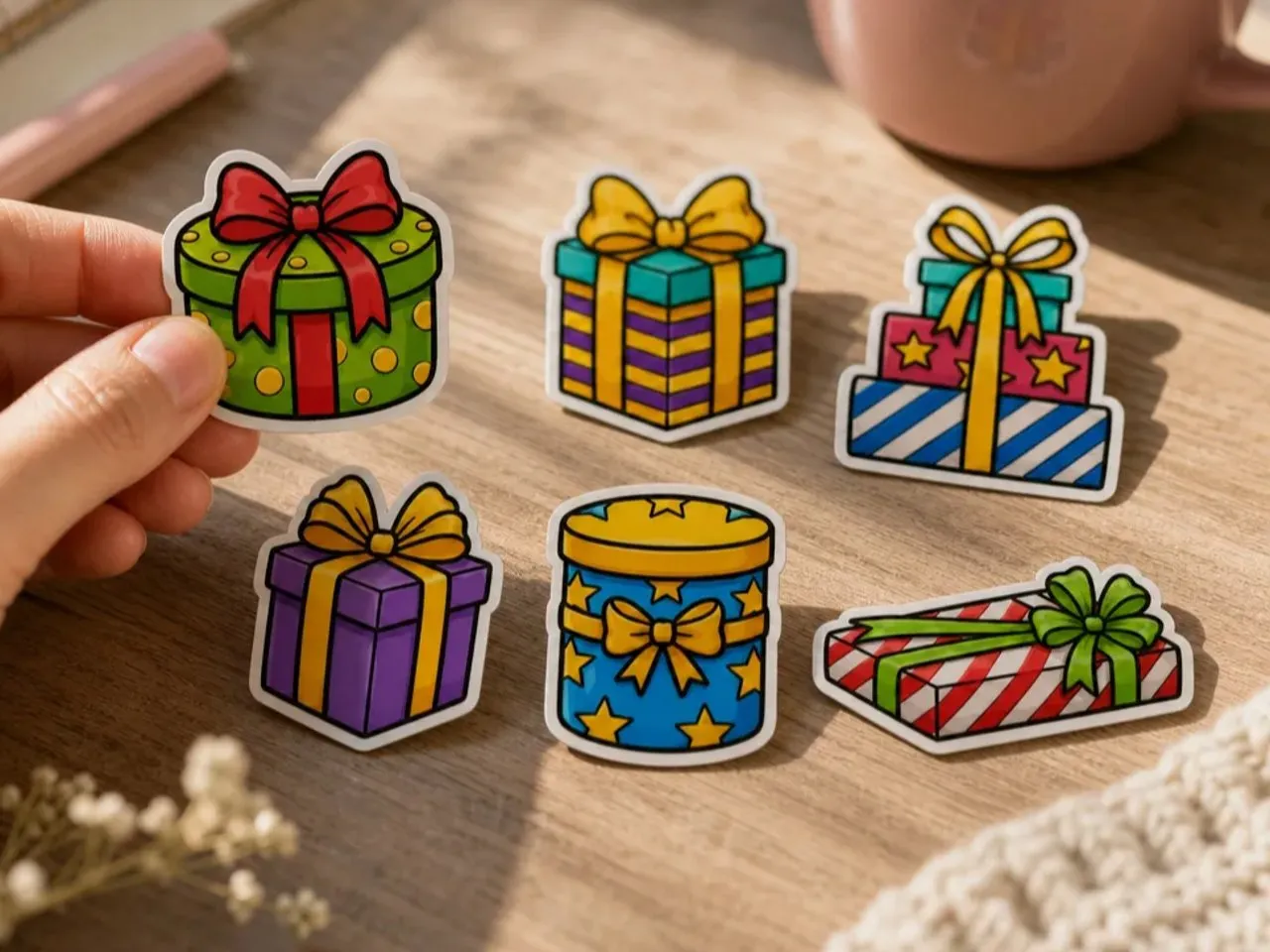 [Laser cut and engrave,UV printing,Heat Press] Colorful Gift Box Stickers with Ribbons and Bows