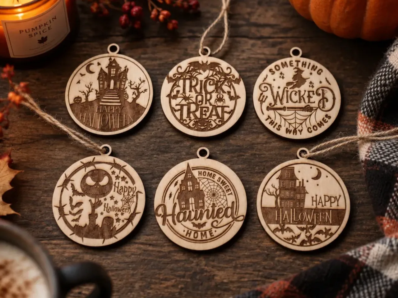 [Laser cut and engrave] Set of Round Halloween Themed Hanging Ornaments