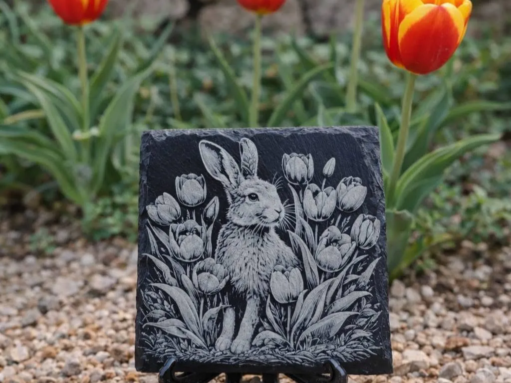Slate Plaque Featuring a Rabbit Surrounded by Tulips Ready to Engrave