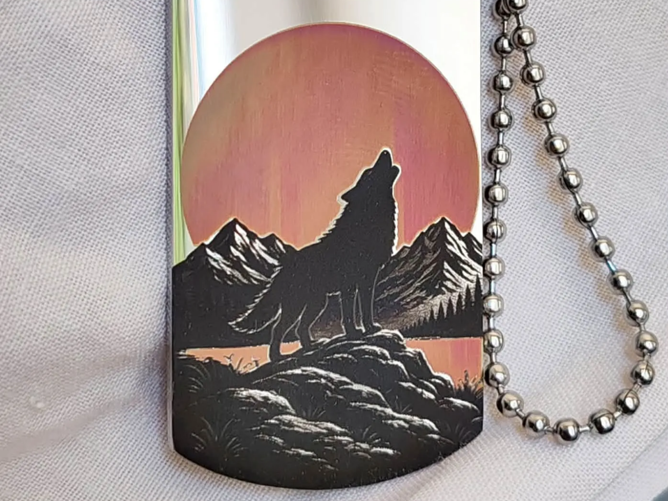 Wolf Under a Sunset on a Mountain Landscape Military Dog Tag Necklace or Keychain Color Engraving with stainless steel