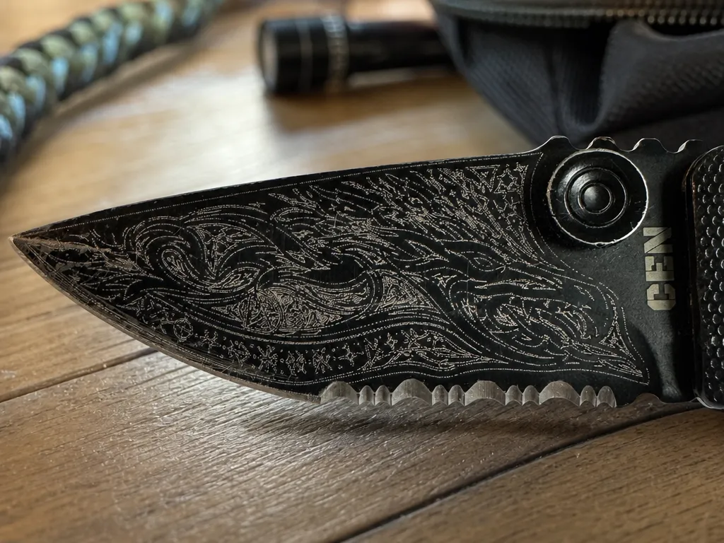 Folding pocket knife with intricate celtic knotwork blade pattern