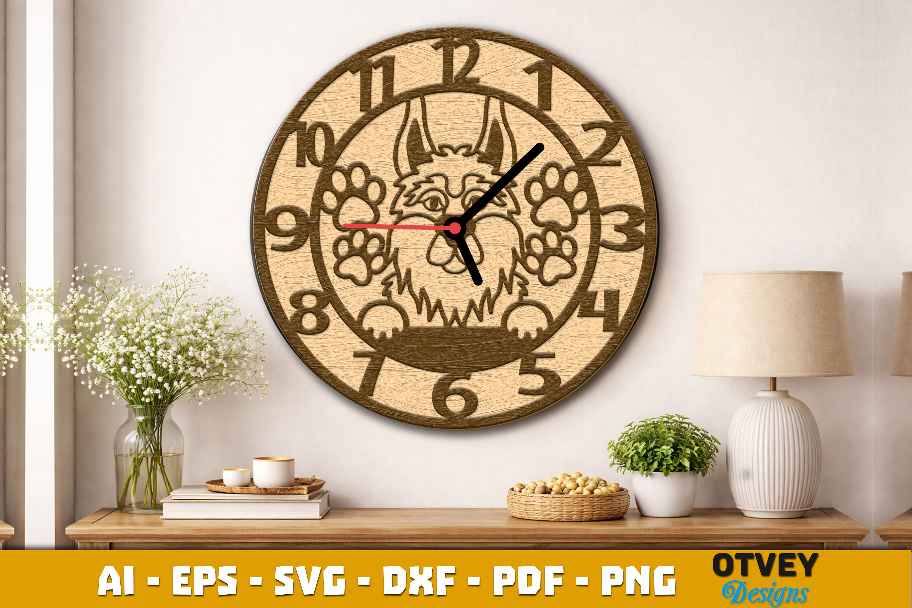 [Laser cut and engrave] Wooden Dog Wall Clock Lasercut 12 Designs