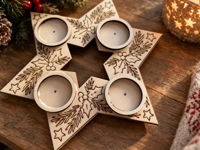 Sternförmiger Adventskranz aus Holz mit weihnachtlichem Stechpalmenmotiv
